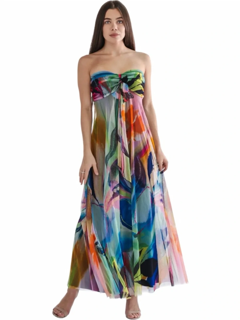 Elana Kattan MORGAN 817 Long Strapless Flared Empire Mesh Print Dress Size Large